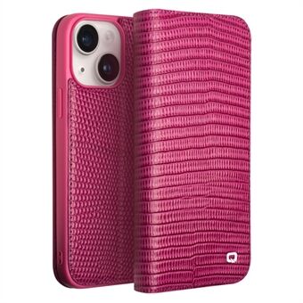 QIALINO voor iPhone 15 Plus Krokodillenstructuur Telefoonhoesje Echt Koeienleer Portemonnee Stand Cover - Roze