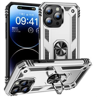 Voor iPhone 15 Pro Kickstand Telefoonhoesje PC+TPU Cover met Ingebouwde Magneethouder Metalen Plaat.