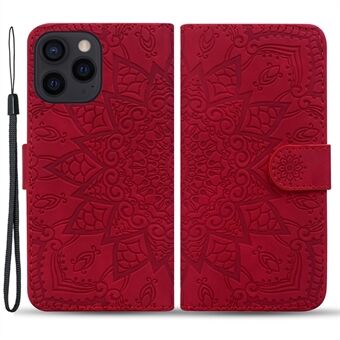 Voor de iPhone 15 Pro Imprint Flower Shell telefoonhoesje met slanke pasvorm, kuittextuur, standaard en portemonnee van leer.