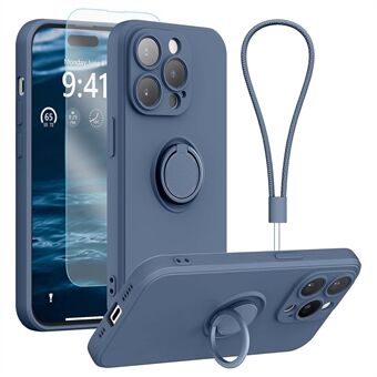 Voor iPhone 15 Pro Telefoonhoesje met Ringhouder, Kickstand, Vloeibare Siliconen Telefoonhoesje met Strap + Gehard Glas Schermbeschermer.