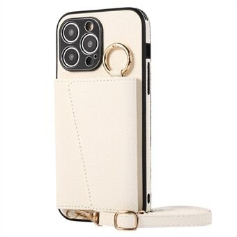 Kaarthouder PU+PC+TPU Kickstand-hoesje voor iPhone 15 Pro, schokbestendige telefoonhoes met draagkoord.