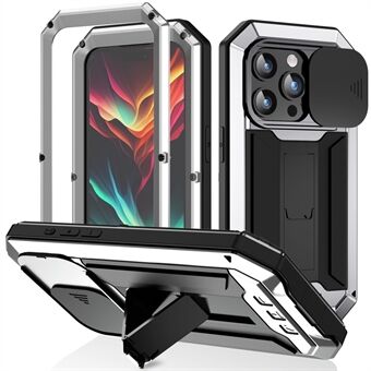 R-JUST Voor iPhone 15 Pro Schuifcamera Deksel Kickstand Cover Siliconen+Metaal+Plastic Telefoonhoesje met Gehard Glas Schermfolie