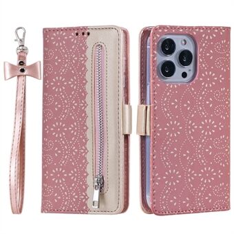 Voor iPhone 15 Pro Max Lace Flower Pattern Zipper Wallet Telefoonhoesje met Stand en Lederen Cover met Strik en Polsband