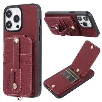 ABEEL Style 02 Kickstand Back Case voor iPhone 15 Pro Max, leren gecoate TPU+PC met kaartsleuven, litschi-textuurovertrek voor telefoon.
