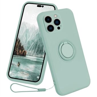 Voor iPhone 15 Pro Max Ring Kickstand Anti-drop Case Liquid Silicone Phone Cover met Lanyard