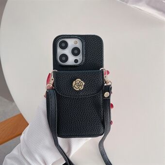 Voor de iPhone 15 Pro Max is er een PU-leren coating met PC-hoesje met camellia decoratie, een kaarthouder en een telefoonhoesje met een schouderband.