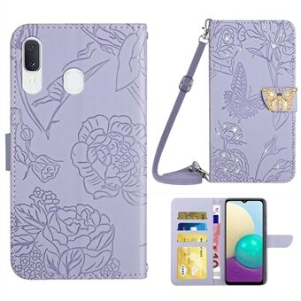 Voor Samsung Galaxy Stand Skin-touch lederen tas met schouderriem, vlinderbloemen opdruk portemonneestandaard strass decor telefoon shell