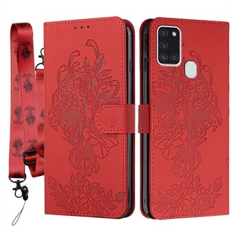 Anti-drop tijger en bloemenprint patroon lederen portemonnee telefoonhoesje voor Samsung Galaxy A21s