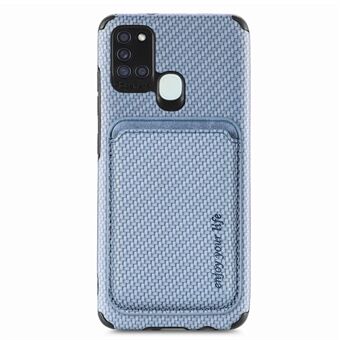 Voor Samsung Galaxy A21s Telefoon Case Koolstofvezel Textuur PU Leer + TPU + PVC Anti-slijtage Cover met Magnetische Absorptie Afneembare kaarthouder
