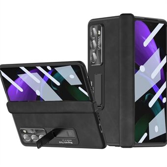 Voor Samsung Galaxy Z Fold2 5G Scharnierbescherming Kickstand Case Nappa Textuur PU-leer + PC Schokbestendige telefoonhoes met gehard glasfilm