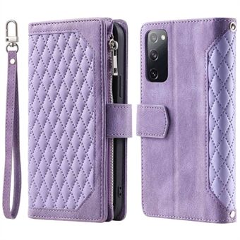 005 Smartphone Cover voor Samsung Galaxy S20 FE 2022 / S20 Lite / S20 FE 5G / 4G, handige riem Rhombus Grid Textured PU Leather Zipper Pocket Stand Wallet Case