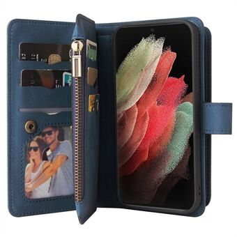 TPU frame + lederen flip case Skin-touch Feel telefoonhoes met ritsvak en meerdere kaartsleuven voor Samsung Galaxy S21 Ultra 5G