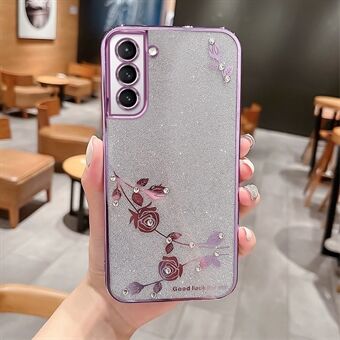 Schokbestendig glitter telefoonhoesje voor Samsung Galaxy S21+ 5G, galvaniseren strass ontwerp bloemenpatroon decor TPU bumperhoes