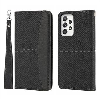 Geweven Textuur Splicing Auto-Absorbed Stijlvolle Wallet Stand Leather Case met Polsband voor Samsung Galaxy A52 5G/4G/A52s 5G