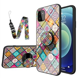 Kleurrijk bedrukt glas + pc + TPU hybride telefoon beschermhoes met standaardriem voor Samsung Galaxy A22 5G (EU-versie)