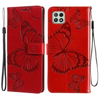 KT Imprinting Flower Series-2 lederen portemonnee- Stand met vlinderpatroon opdruk voor Samsung Galaxy A22 5G (EU-versie)