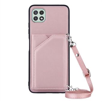 Skin-touch Feel Kickstand Kaartsleuven Ontwerp PU-leer gecoate TPU Phone Case Cover met Lanyard voor Samsung Galaxy A22 5G (EU-versie)