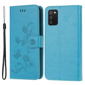 Opdruk bloem vlinder patroon lederen portemonnee Stand case cover met lanyard voor Samsung Galaxy A03s (166,5 x 75,98 x 9,14 mm)