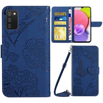 Telefoonhoesje voor Samsung Galaxy A03s (166,5 x 75,98 x 9,14 mm), PU-leer met vlinder en bloemen opdruk, portemonnee-stijl met verstelbare standaard, huidvriendelijke schelp met schouderband.