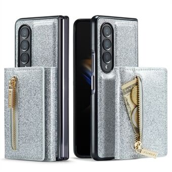 DG.MING M3-serie voor Samsung Galaxy Z Fold3 5G 2-in-1 glitter PU-leer gecoat PC + TPU anti-botsing achterkant magnetische afneembare rits portemonnee telefoonhoes met standaard