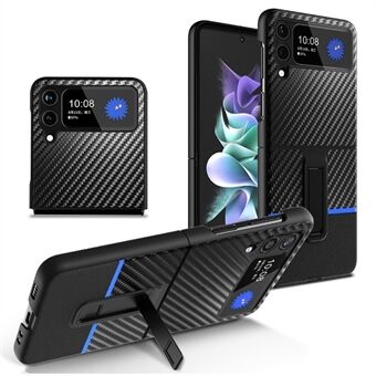 Voor Samsung Galaxy Z Flip3 5G Contrast Kleur Koolstofvezel Textuur Kickstand PC + Lederen Telefoon Case
