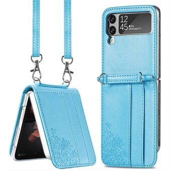Voor Samsung Galaxy Z Flip3 5G Bloem bedrukt PU-leer + PC Opvouwbare telefoonhoes met kaartsleuven / schouderriem