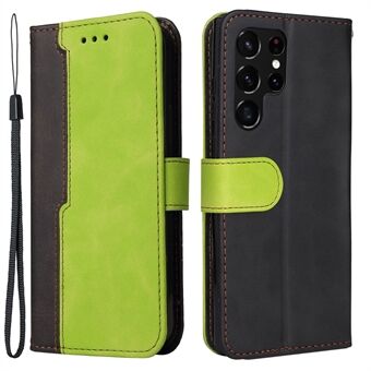 Zakelijke stijl splitsen tweekleurige volledige bescherming portemonnee ontwerp telefoonhoesje met Stand voor Samsung Galaxy S22 Ultra 5G - groen