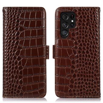 Voor Samsung Galaxy S22 Ultra 5G Volledige bescherming RFID-blokkering Echt rundleer portemonnee telefoonhoesje, krokodiltextuur Stand magnetische flip folio-hoes