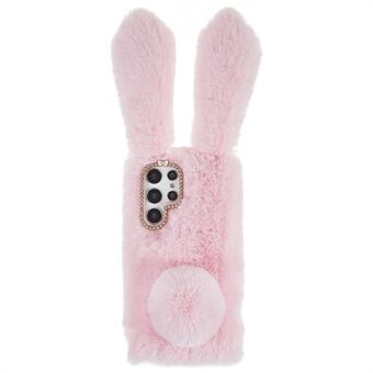 Voor Samsung Galaxy S22 Ultra 5G Leuke 3D Bunny Ears Harige Winter Warm Hoesje Zachte TPU Beschermende Telefoonhoes met Glitter Strass Strik