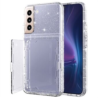 Voor Samsung Galaxy S22 5G Cardcase Series Glitter Telefoonhoesje Kaarthouder Standaard Verdikte PC + TPU Cover met Spiegel - Transparant