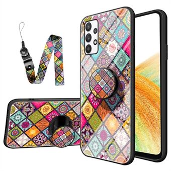 Voor Samsung Galaxy A33 5G Stijlvol Patroon Kickstand Gehard Glas + PC + TPU Shockproof Phone Case Cover met Lanyard
