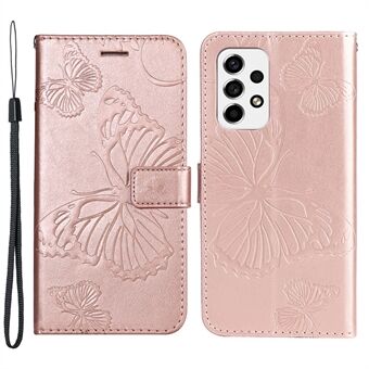 KT Imprinting Flower Series-2 Imprinted Butterfly PU Leather Cover Folio Flip Wallet Stand Phone Case met polsband voor Samsung Galaxy A53 5G