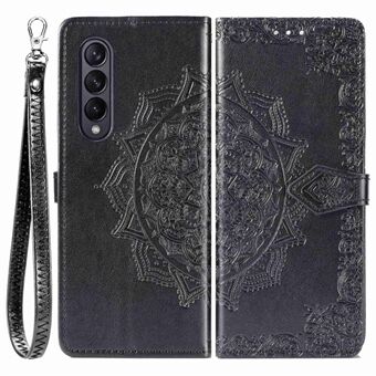 Voor Samsung Galaxy Z Fold4 5G Shockproof Flip Wallet Cover Reliëf Mandala Patroon Opvouwbare Stand PU Leather Case met Draagriem