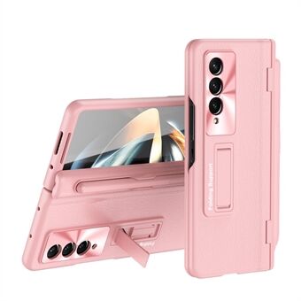 Voor Samsung Galaxy Z Fold4 5G Kickstand Telefoon Case PU Leer Gecoat PC Scharnier Cover met Stylus en Gehard glas Film