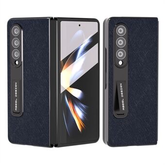 ABEEL Voor Samsung Galaxy Z Fold4 5G Kickstand Koeienhuid Leer Gecoat PC Telefoon Cover Cross Textuur Antislip Case met Gehard Glas Film