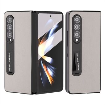 ABEEL Voor Samsung Galaxy Z Fold4 5G Beschermende Textuur Telefoon Case Echt Koe Leer + PC Kickstand Cover met Gehard Glas Film
