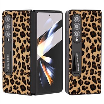 ABEEL voor Samsung Galaxy Z Fold4 5G telefoonhoes met luipaardpatroon Kickstand PU lederen pc-hoes met gehard glasfilm