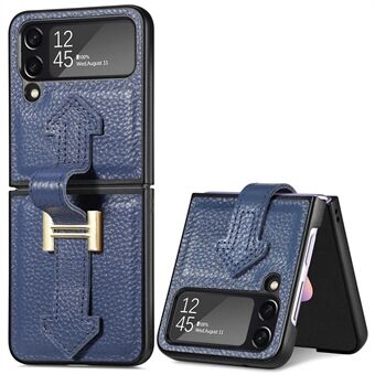 Voor Samsung Galaxy Z Flip4 5G Schokbestendig Litchi Textuur Telefoon Case Kickstand Echt Leer Gecoat Hard PC Cover Opvouwbare Telefoon Shell