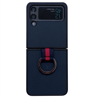 Voor Samsung Galaxy Z Flip4 5G Anti-val Back Cover Echt Litchi Leer Gecoat PC Opvouwbare Telefoon case met Vinger Ring Houder