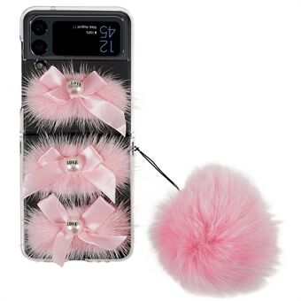 Voor Samsung Galaxy Z Flip4 5G Strass Decor Fluffy Soft Bont Telefoon Case Hard PC Shockproof Beschermhoes met Pluche Ball Strap