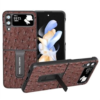ABEEL Voor Samsung Galaxy Z Flip4 5G Echt Koe Leer + PC Kickstand Case Struisvogel Textuur Telefoon Cover