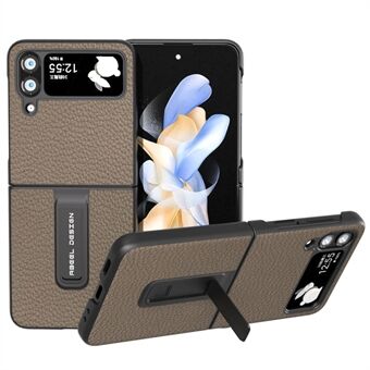 ABEEL Voor Samsung Galaxy Z Flip4 5G Litchi Textuur Kickstand Telefoon Case Rundleer Gecoat PC Cover
