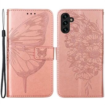 YB Imprinting Series-4 voor Samsung Galaxy A14 5G PU-leer volledige bescherming telefoonhoesje met vlinderbloem bedrukte flip Stand portemonnee cover met riem