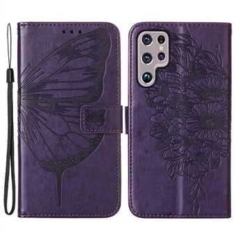 YB Imprinting Series-4 voor Samsung Galaxy S23 Ultra PU lederen volledige bescherming telefoonhoes vlinder bloem bedrukt flip Stand portemonnee cover met riem
