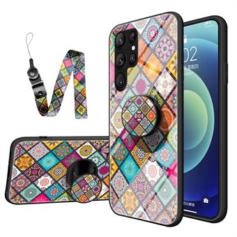 Voor Samsung Galaxy S23 Ultra Telefoon Cover Kickstand met Lanyard Bloemenpatroon Gehard Glas + PC + TPU Beschermende Mobiele Telefoon Case