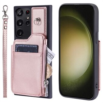 009 Voor Samsung Galaxy S23 Ultra Ritsvak Case Standaard PU-leer gecoat TPU RFID Blokkerende Portemonnee Telefoonhoes met Polsband