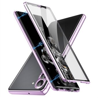 Anti-val doorzichtige telefoonhoes voor Samsung Galaxy S23, enkelzijdig gehard glas + pc-paneel Magnetische adsorptie Metalen frame Beschermende telefoonhoes met veiligheidsgesp