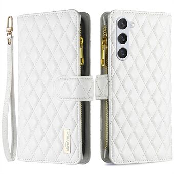 BINFEN COLOR BF Style-15 Wallet Case met ritssluiting voor Samsung Galaxy S23, bedrukt Rhombus PU lederen Stand magnetische telefoonhoes met riem