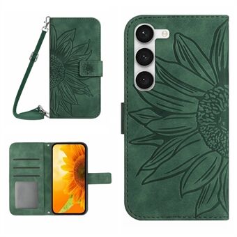 Voor Samsung Galaxy S23 HT04 Bedrukte Zonnebloem Wallet Case Skin-Touch PU Leather Stand Magnetische Sluiting Telefoon Cover met schouderband