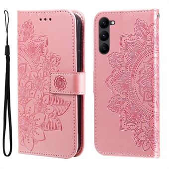 Voor Samsung Galaxy S23 Shockproof Flower Imprinting Phone Case PU Leather Phone Wallet Cover Opvouwbare Stand met riem